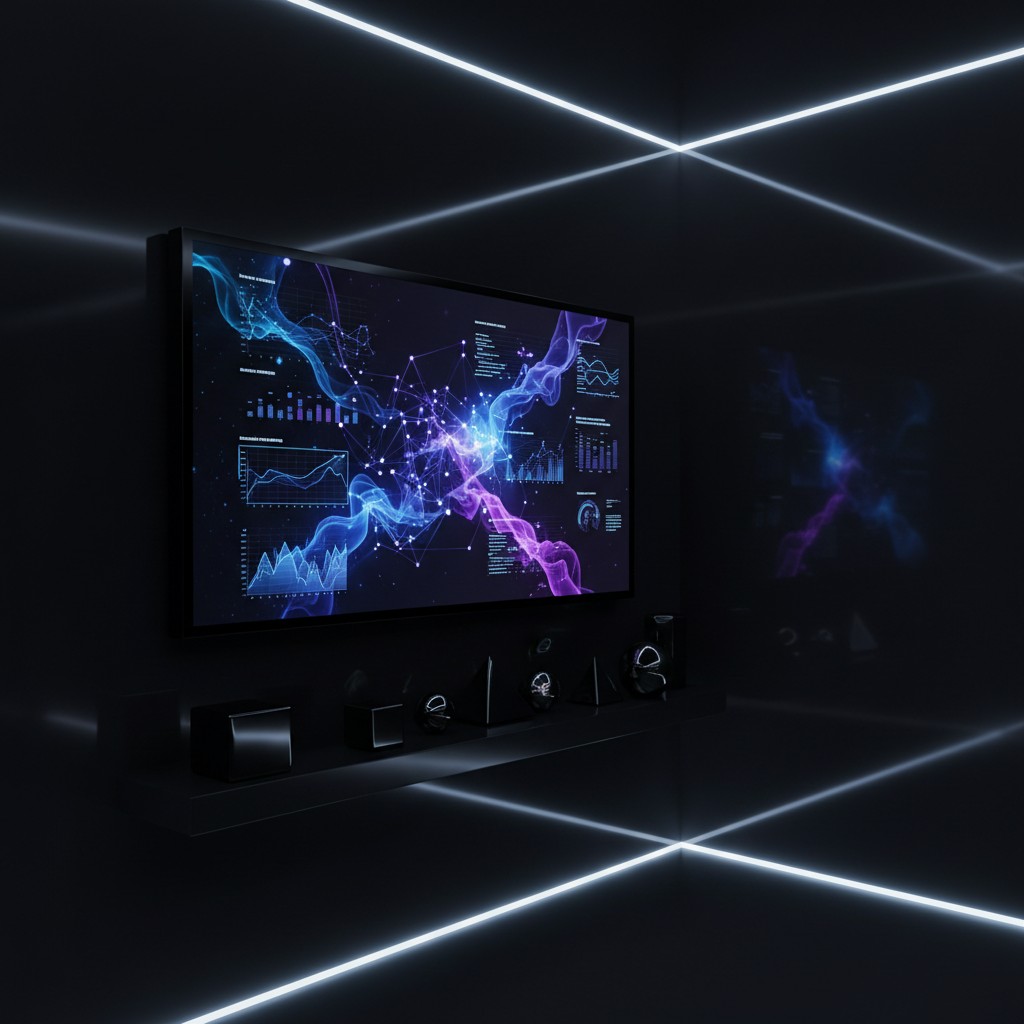 A screen displays a network diagram and various charts in a dark room with diagonal LED lights. * A screen displays a netw...