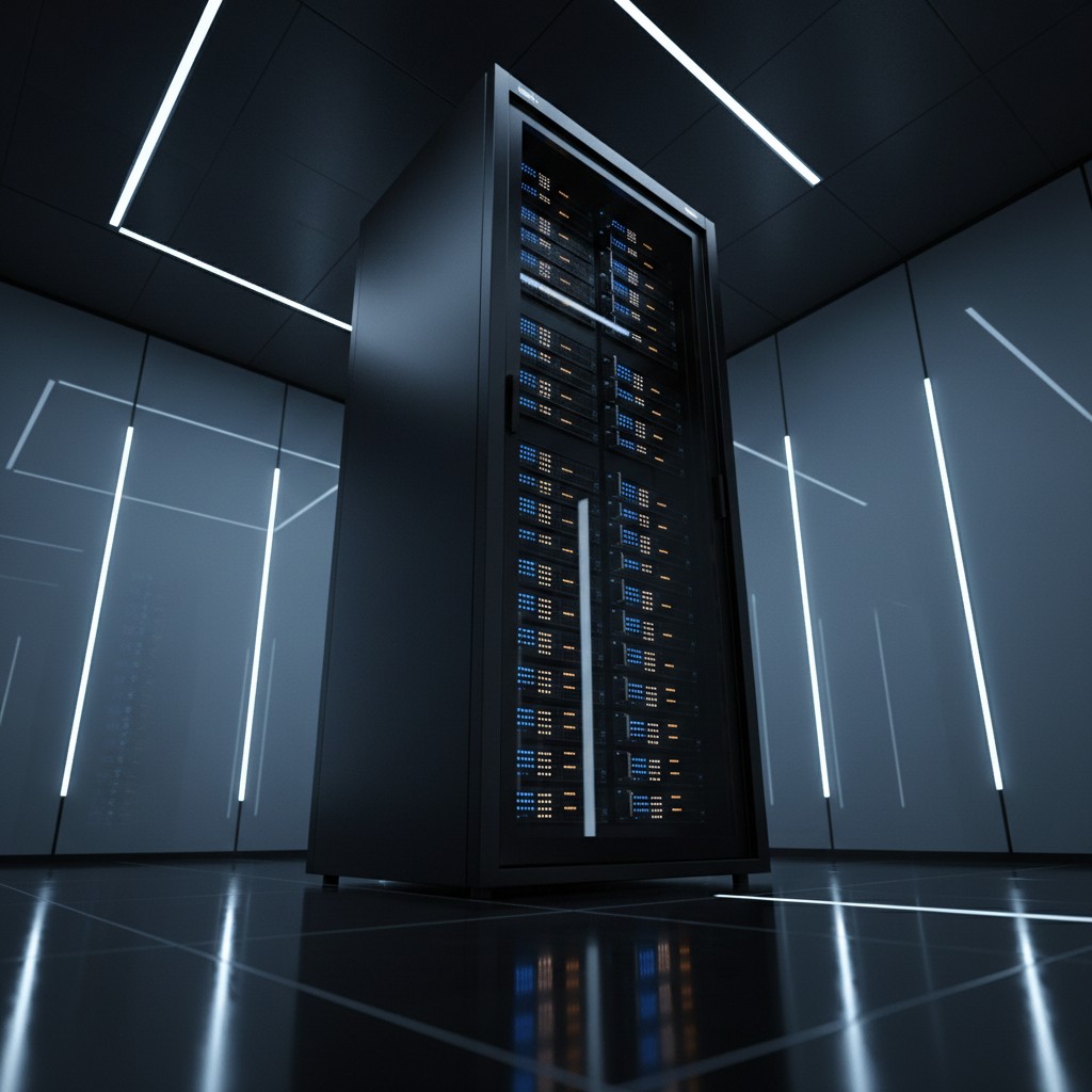 A large black server cabinet filled with blue and orange LEDs in a dark room with white lines on the walls and ceiling, pe...