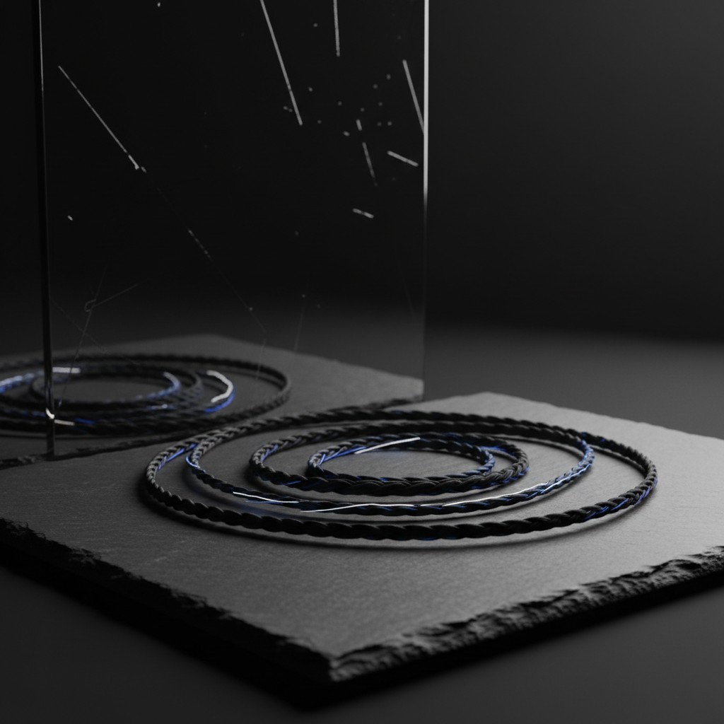 A 3D render of blue black twisted wire patterns on broken glass.