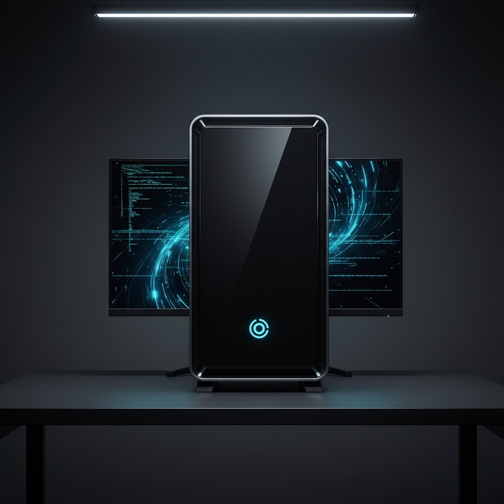 The image shows a computer on a desk in a dark room. * The computer is tall, rectangular, and located on a dark gray desk ...