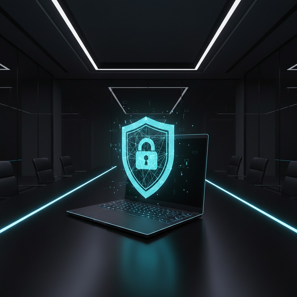 A laptop with a shield and lock displayed on its screen emblem. This cyber representation of a workplace setting displays ...
