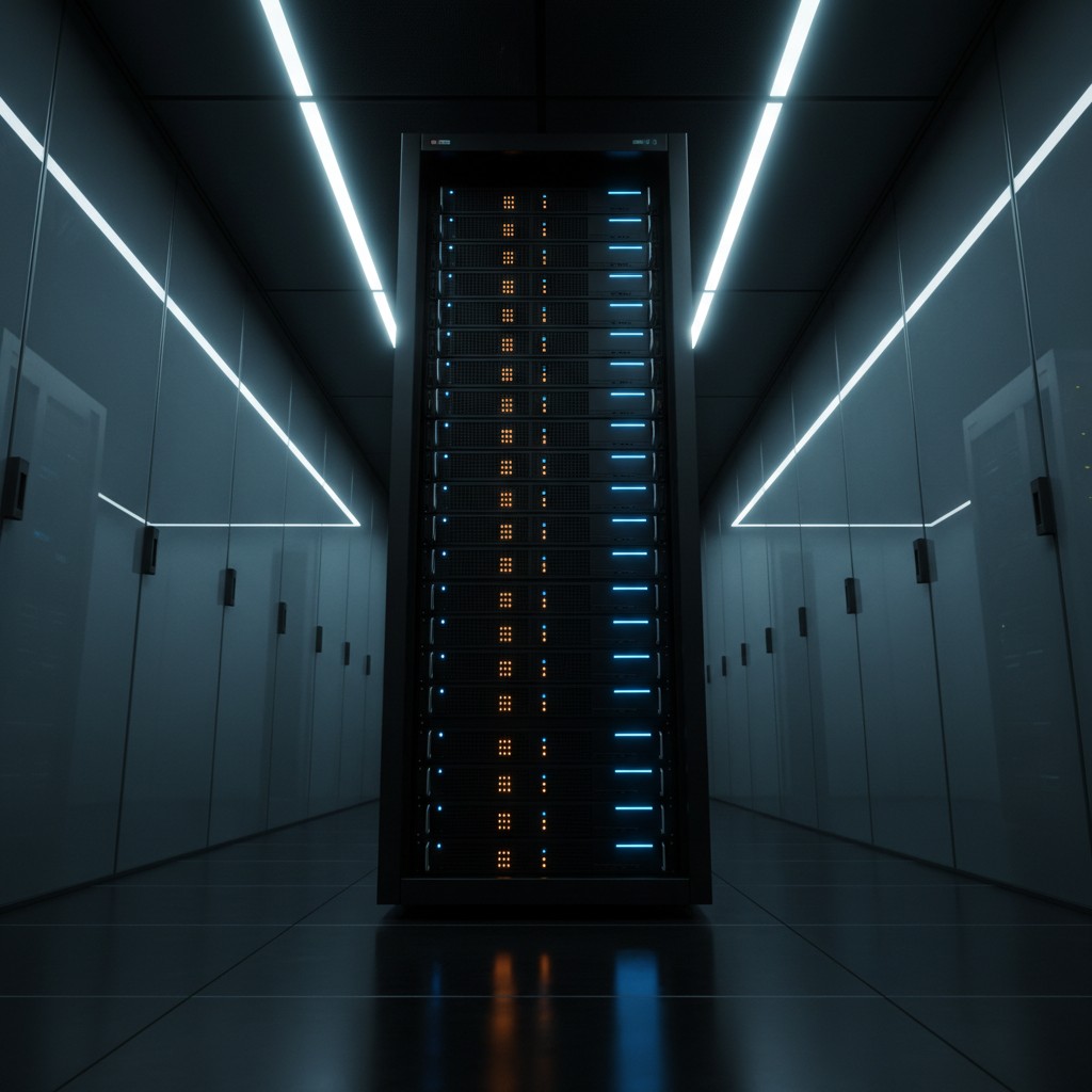 A server tower in a dimly lit, high-tech server room with reflective floor and walls.