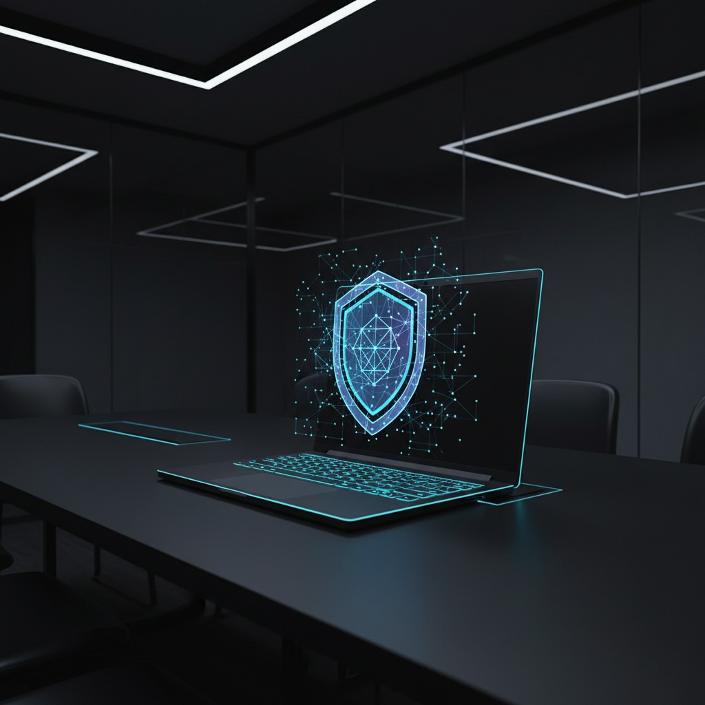 This is an image depicting a laptop with a digital shield emblem on the screen in front of an office conference table and ...